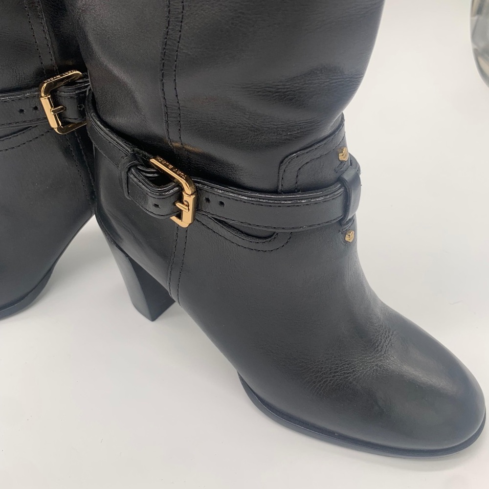 Tory Burch Black Heeled Boots with Gold Buckle